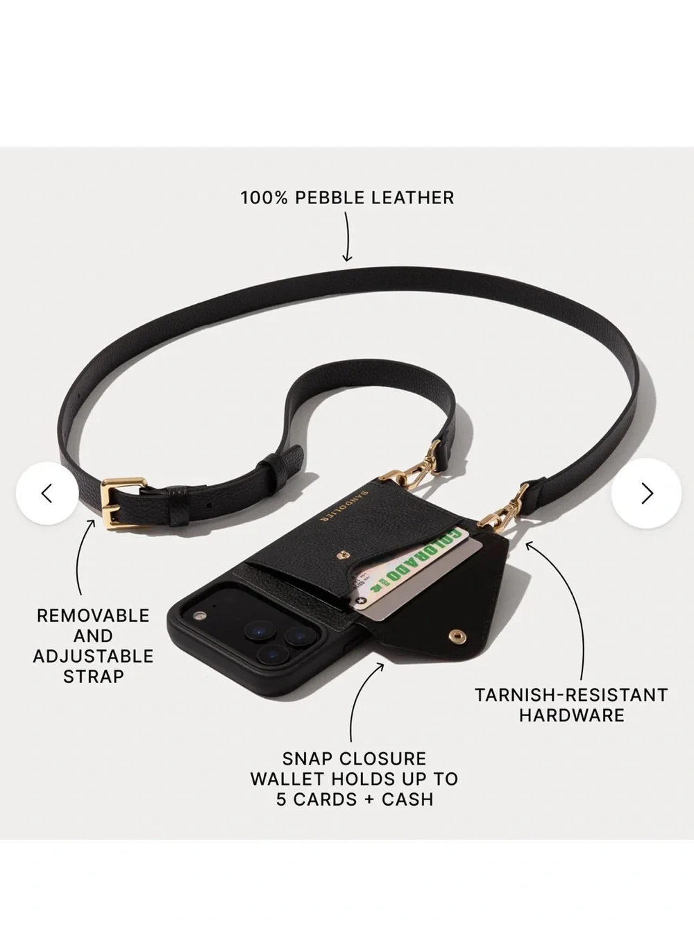 Bandolier Hailey Crossbody Phone Case in Black with Gold Hardware